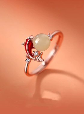 HANLIANNA 好运锦鲤戒指小众百搭款活口指环新中式遇见锦鲤食指戒