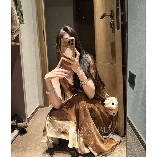 复古国风碎花吊带连衣裙设计感拼接荷叶边气质长裙女 - 图0