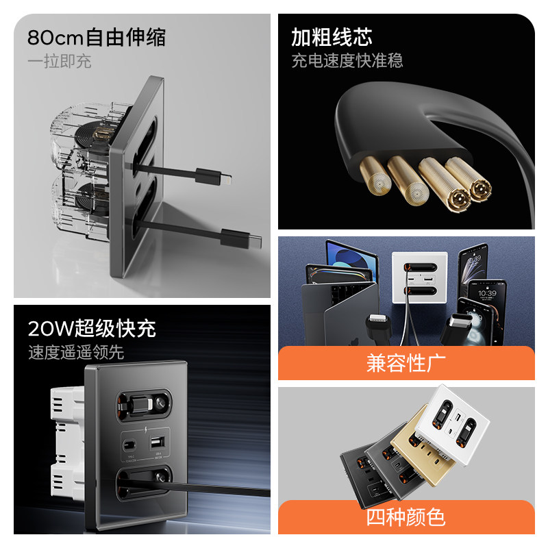 国际电工家用86型Type-c带伸缩充电数据线苹果带快充USB插座面板,淘宝优惠券,粉丝福利购,淘宝优惠卷