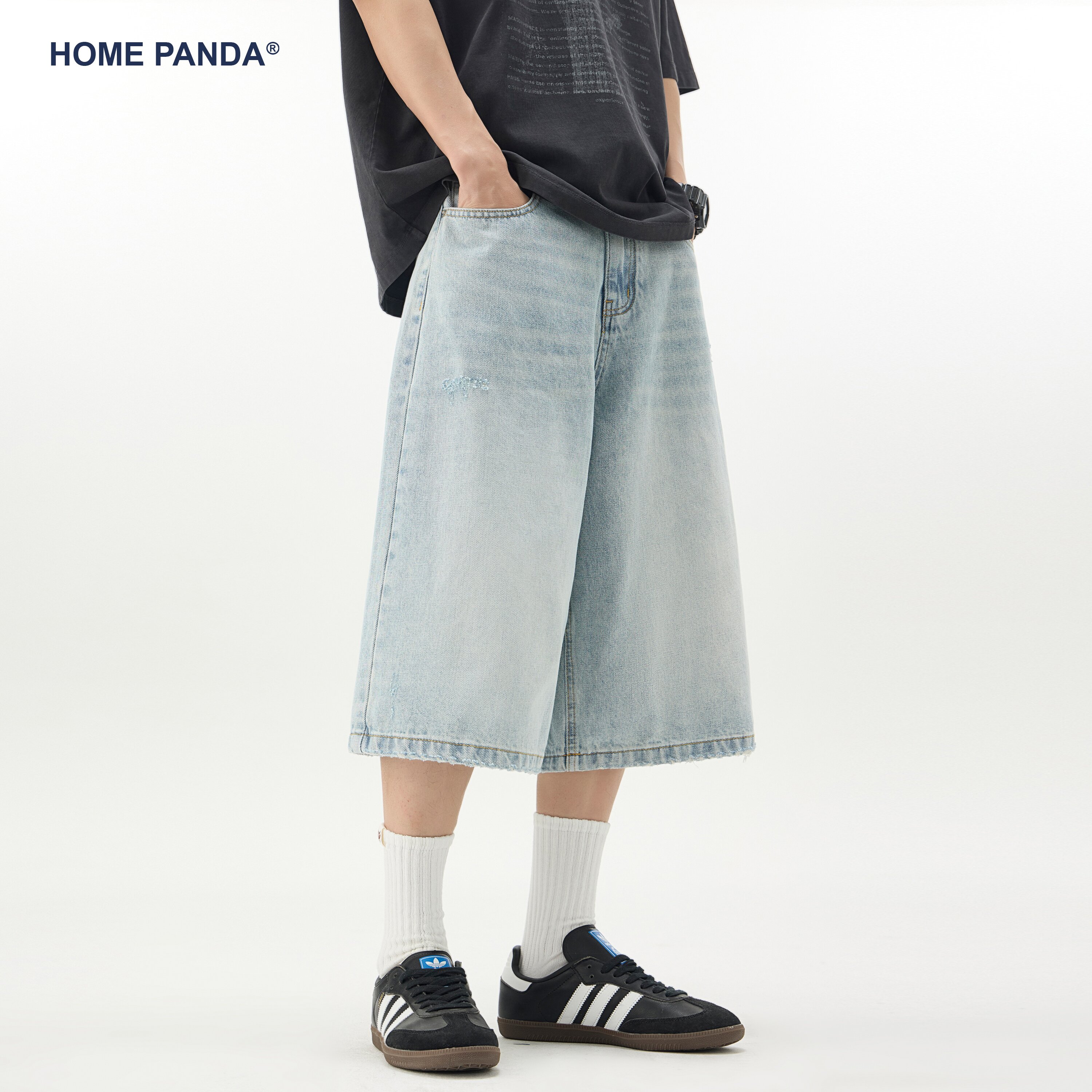 HomePanda浅蓝色牛仔短裤男夏季美式复古vibe休闲七分宽松直筒裤,淘宝优惠券,粉丝福利购,淘宝优惠卷