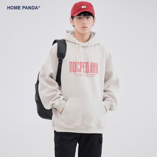 HomePanda重磅连帽美式卫衣男春秋款灰色套头长袖印花宽松上衣潮