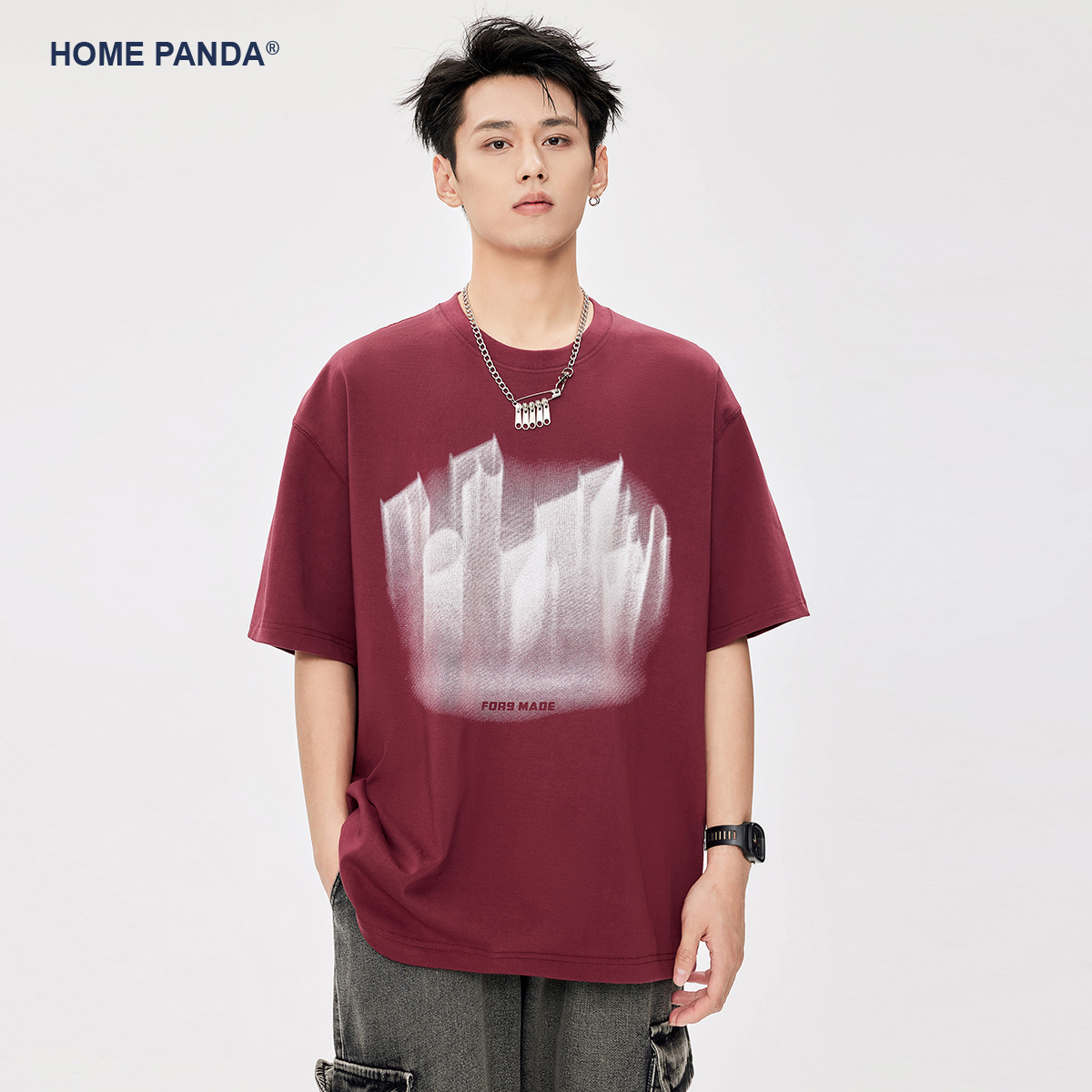 HomePanda300g重磅白色短袖t恤男夏季新款美式纯棉印花宽松上衣潮 - 图3