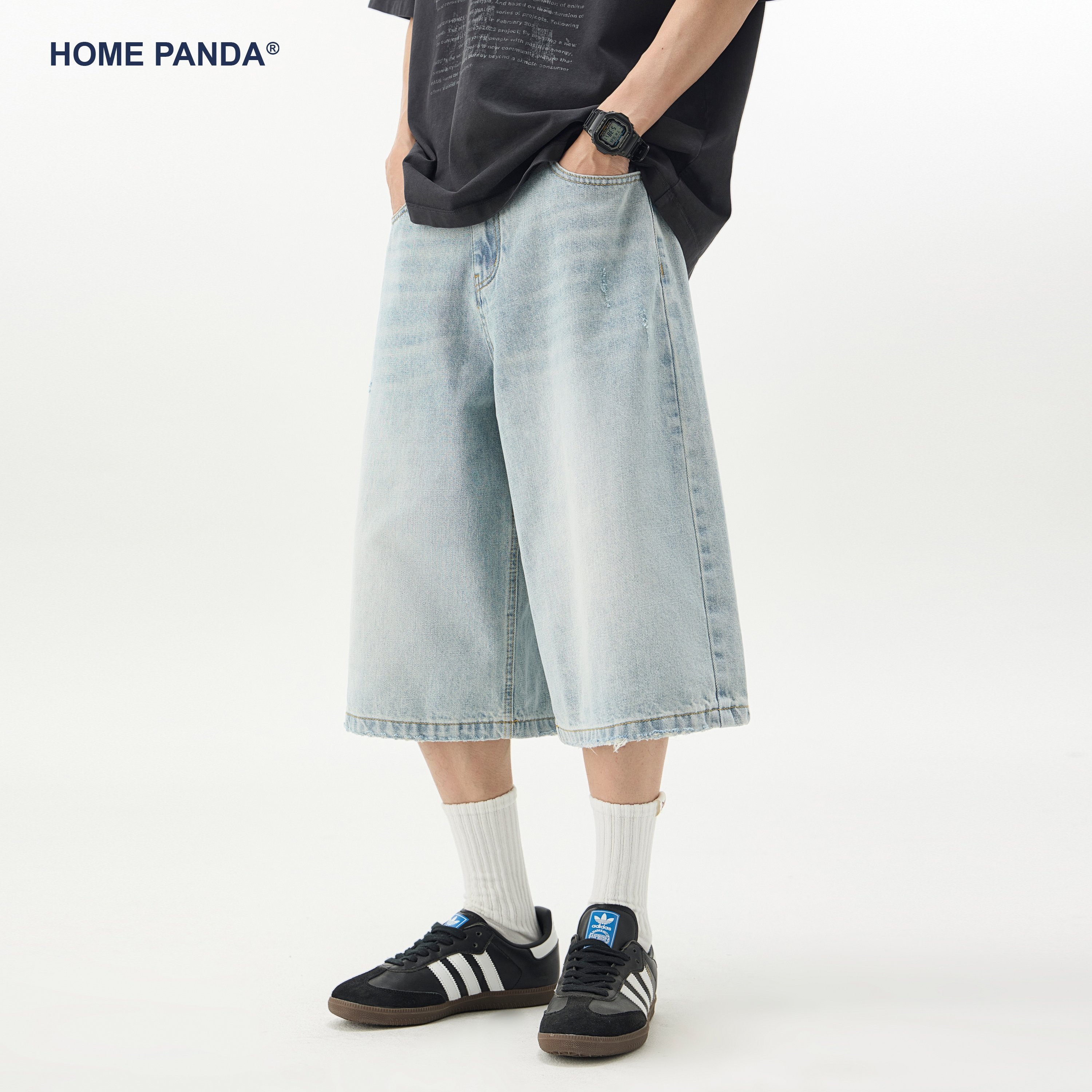 HomePanda浅蓝色牛仔短裤男夏季美式复古vibe休闲七分宽松直筒裤,淘宝优惠券,粉丝福利购,淘宝优惠卷