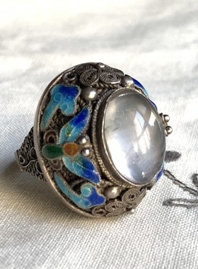 创汇时期老北京花丝镶嵌厂s925纯手工银花丝烧蓝镶嵌白水晶戒指