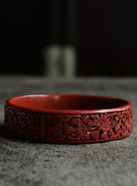 民国时期百年全品老剔红雕漆花卉纹饰手镯古董雕漆镯子孤品一件