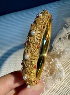 宫廷版纯手工制作银花丝鎏金镶嵌纯天然珍珠和玛瑙手镯老工艺