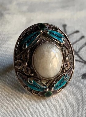 创汇时期老北京花丝镶嵌厂s925纯手工银花丝烧蓝镶嵌红宝石戒指