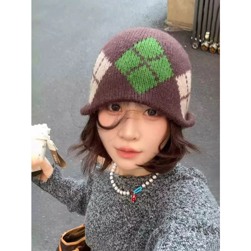 韩系拼色菱形格子针织包头帽子女秋冬保暖显脸小毛线帽护耳冷帽男 - 图0