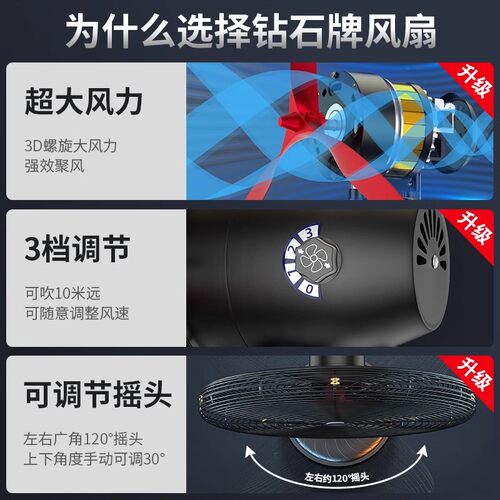 钻石牌工业电风扇强力大功率落地除甲醛壁挂式大风力牛角扇商用扇 - 图0