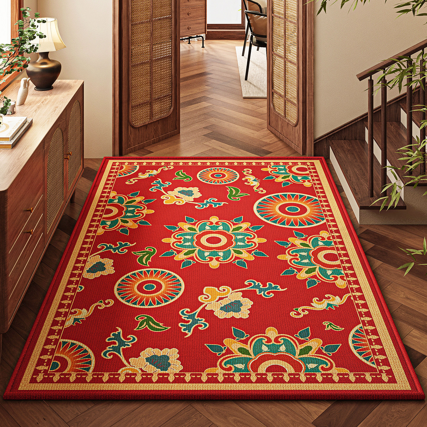 入户门地垫新中式高端古典富贵花朵玄关地毯家用耐脏门口进门垫子,淘宝优惠券,粉丝福利购,淘宝优惠卷