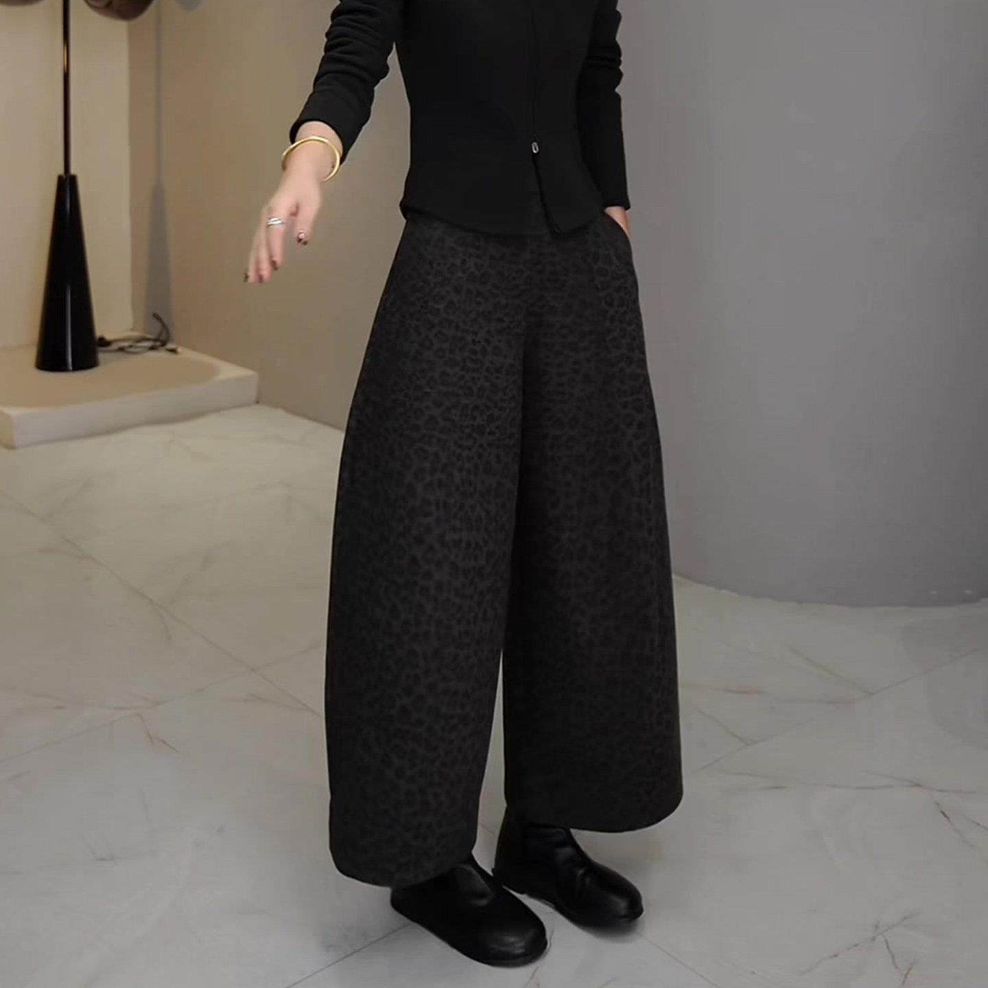 高级感豹纹加绒阔腿裤女2025秋冬新款大码宽松慵懒感显瘦直筒裤子,淘宝优惠券,粉丝福利购,淘宝优惠卷