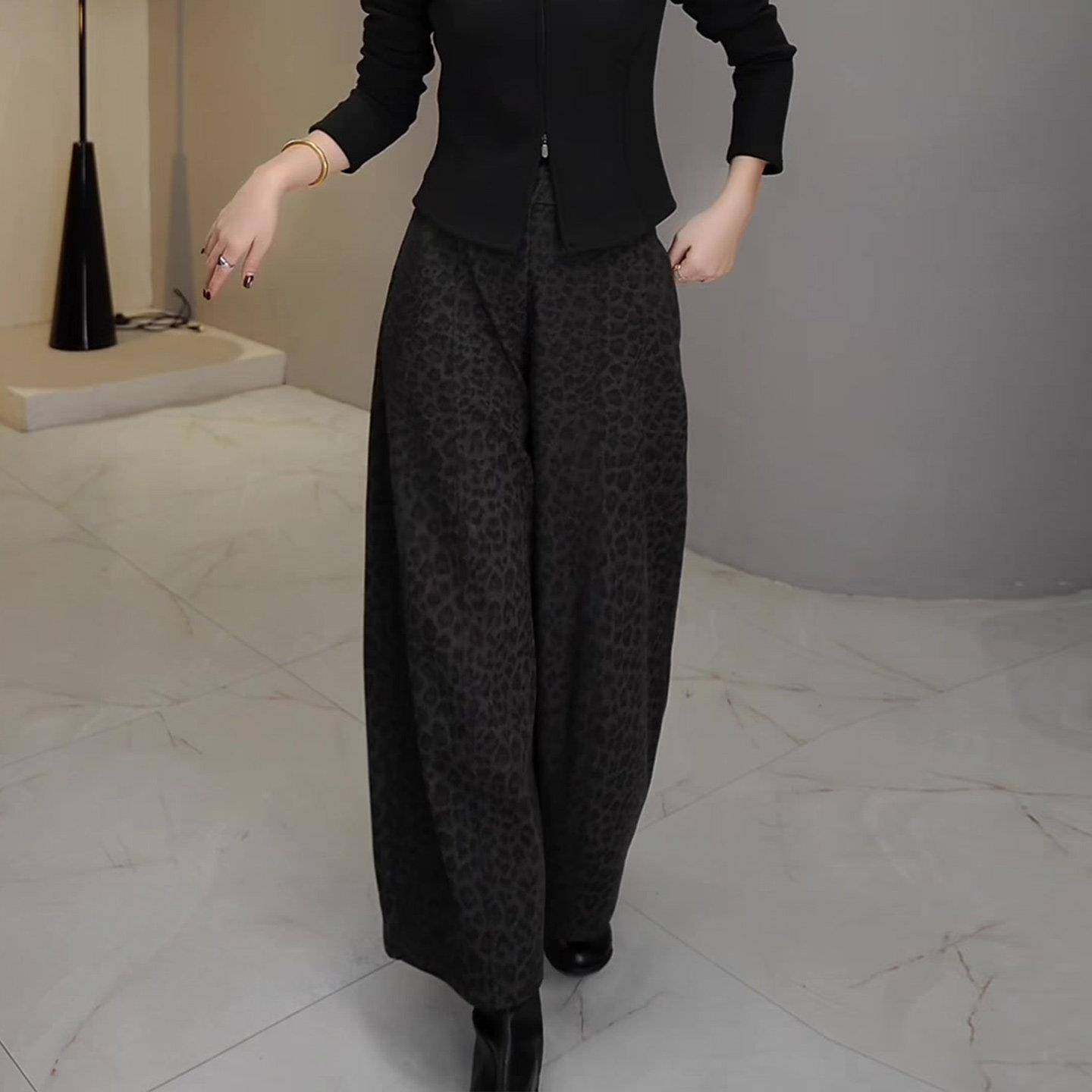 高级感豹纹加绒阔腿裤女2025秋冬新款大码宽松慵懒感显瘦直筒裤子,淘宝优惠券,粉丝福利购,淘宝优惠卷