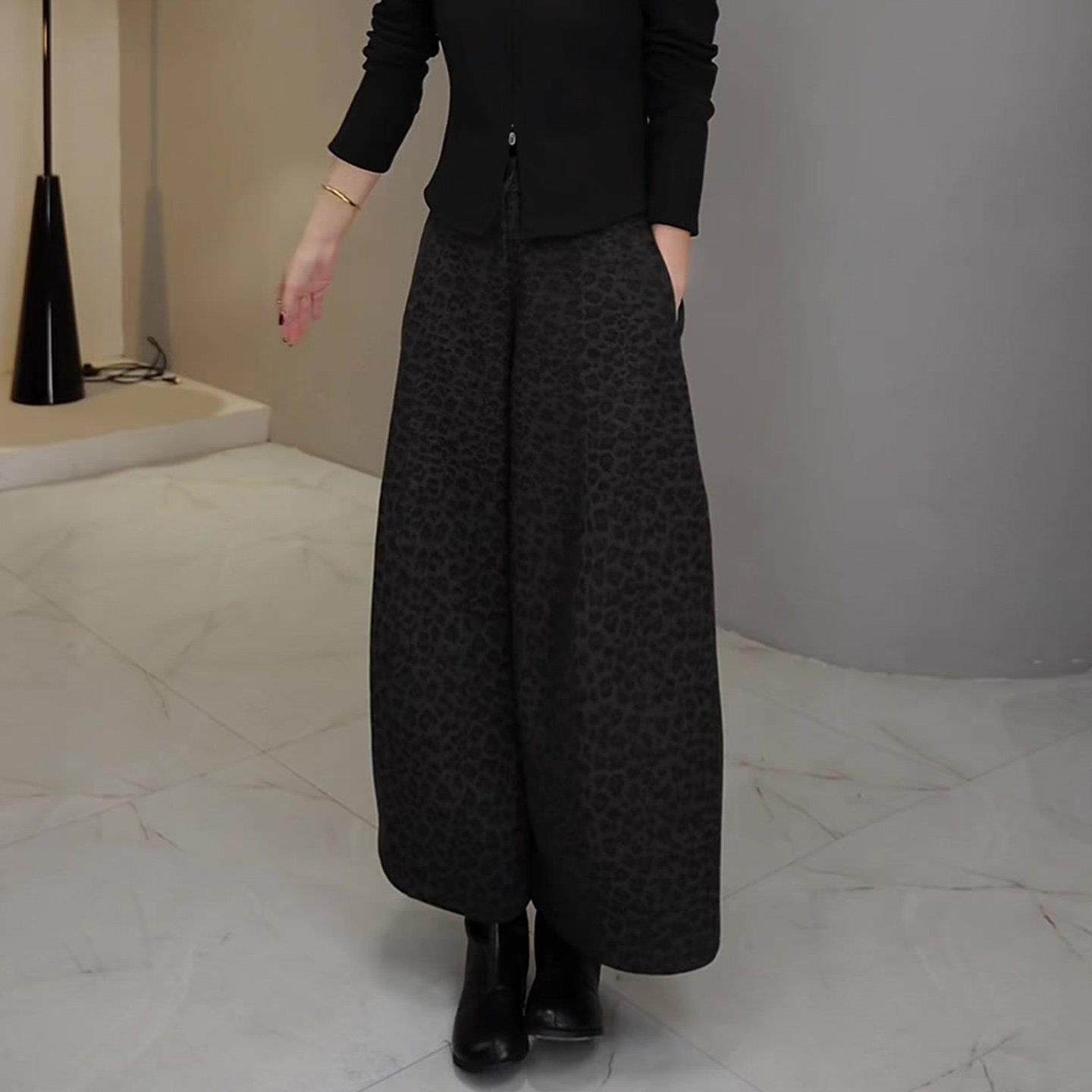 高级感豹纹加绒阔腿裤女2025秋冬新款大码宽松慵懒感显瘦直筒裤子,淘宝优惠券,粉丝福利购,淘宝优惠卷
