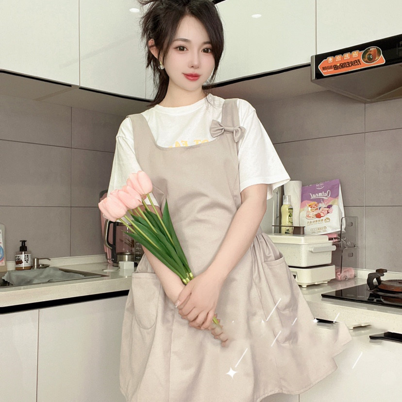 姜妍同款围裙新款灰色米色蝴蝶结工作服美甲烘培漂亮可爱罩衣,淘宝优惠券,粉丝福利购,淘宝优惠卷