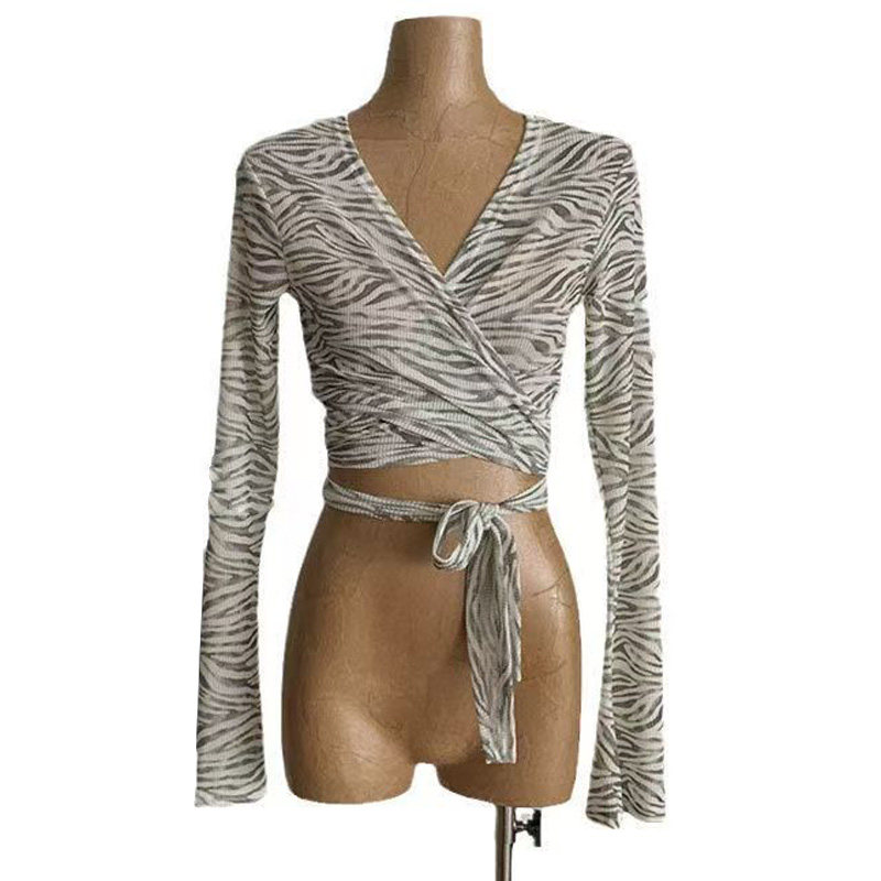 美式复古斑马纹绑带正肩长袖t恤女设计感小众短款甜辣妹跳舞上衣,淘宝优惠券,粉丝福利购,淘宝优惠卷