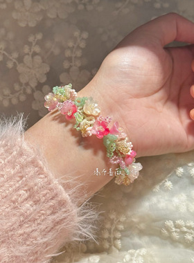 「海棠未眠」瀑布蔷薇原创手工串珠春日花藤粉色米珠重工手链项链