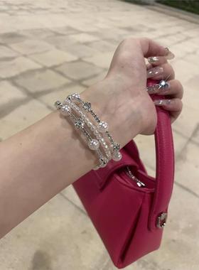 爆闪亮晶晶三层珍珠带钻