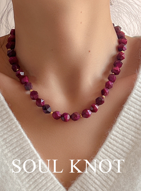 天然玫红切面虎眼石百搭项链