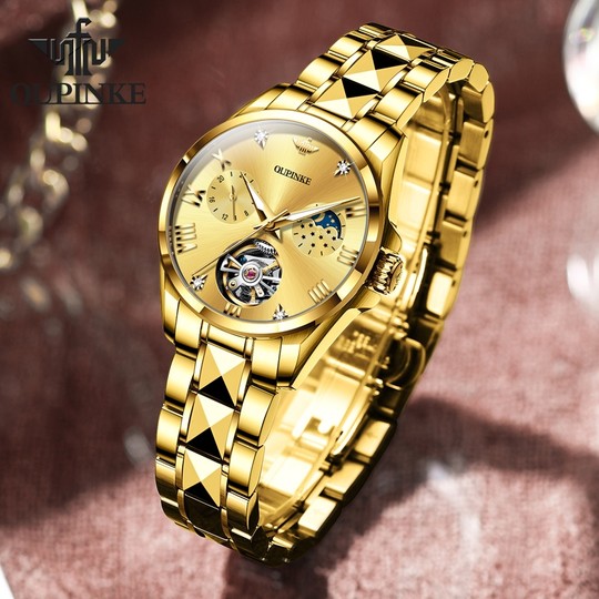 18k全金色新款女表自动机械表镂空陀飞轮月相欧品客奢华女表十大