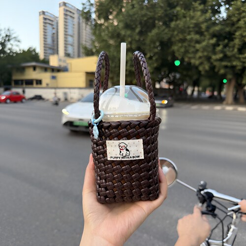 藤编咖啡包咖色藤条手工diy材料包上班通勤水桶包迷你托特单肩包 - 图3