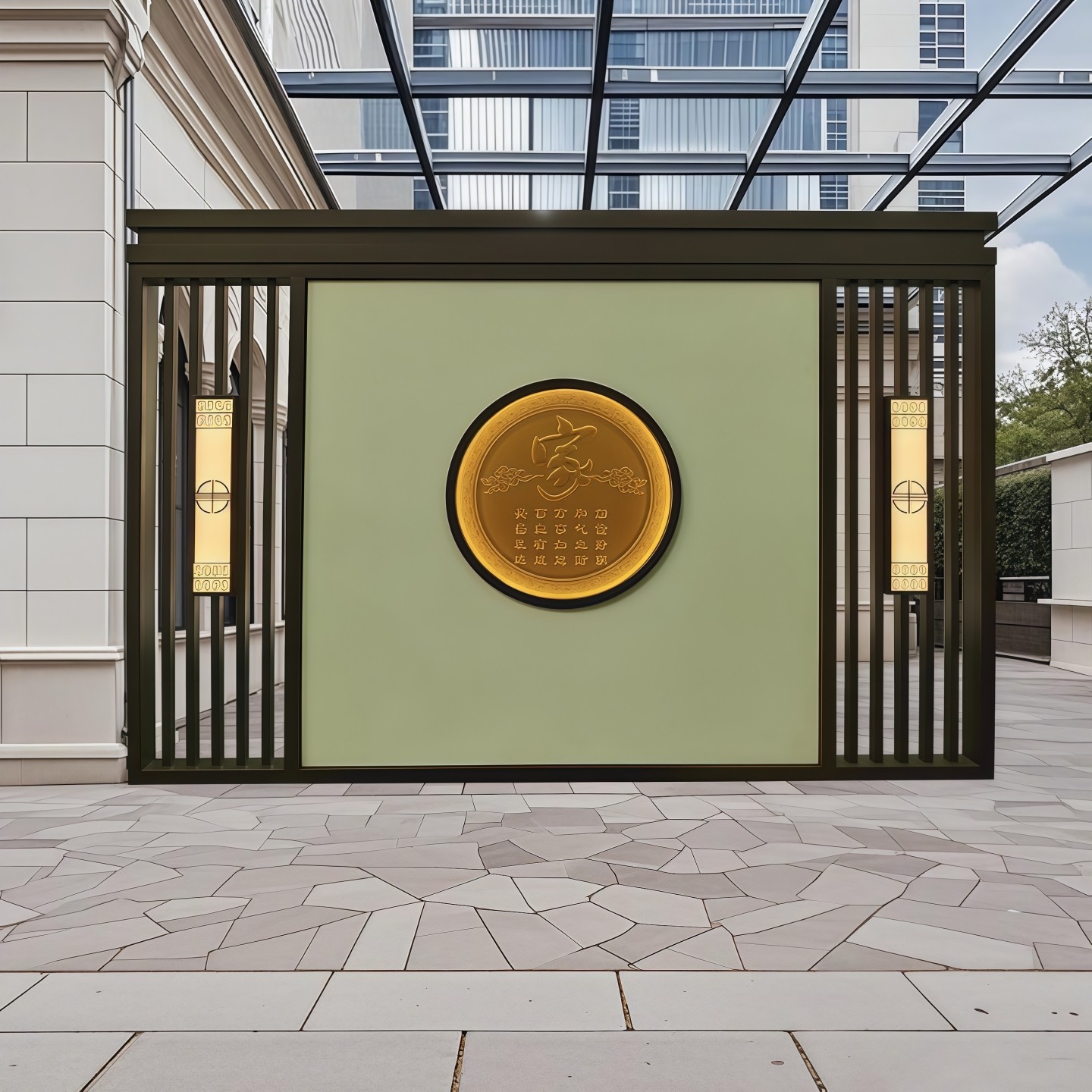 庭院入户不锈钢迎门墙新中式金属格栅屏风定制别墅小区园林影壁墙,淘宝优惠券,粉丝福利购,淘宝优惠卷