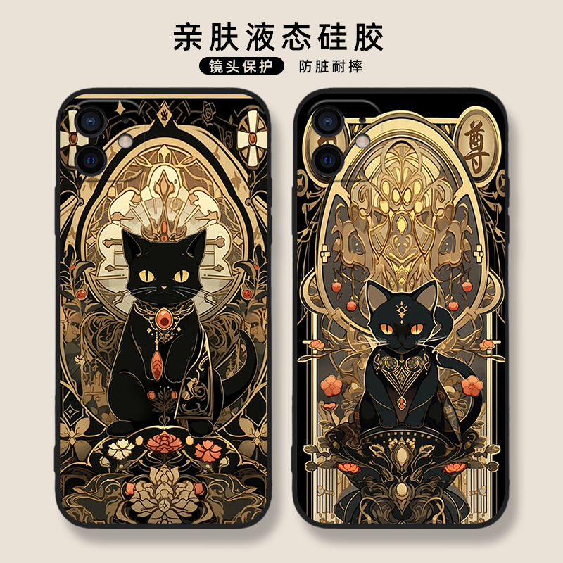 招财猫手机壳适用苹果15promax猫咪华为mate60发财小米14硅胶iphone13暴富nova12全包OPPO/vivo黑猫11高级感