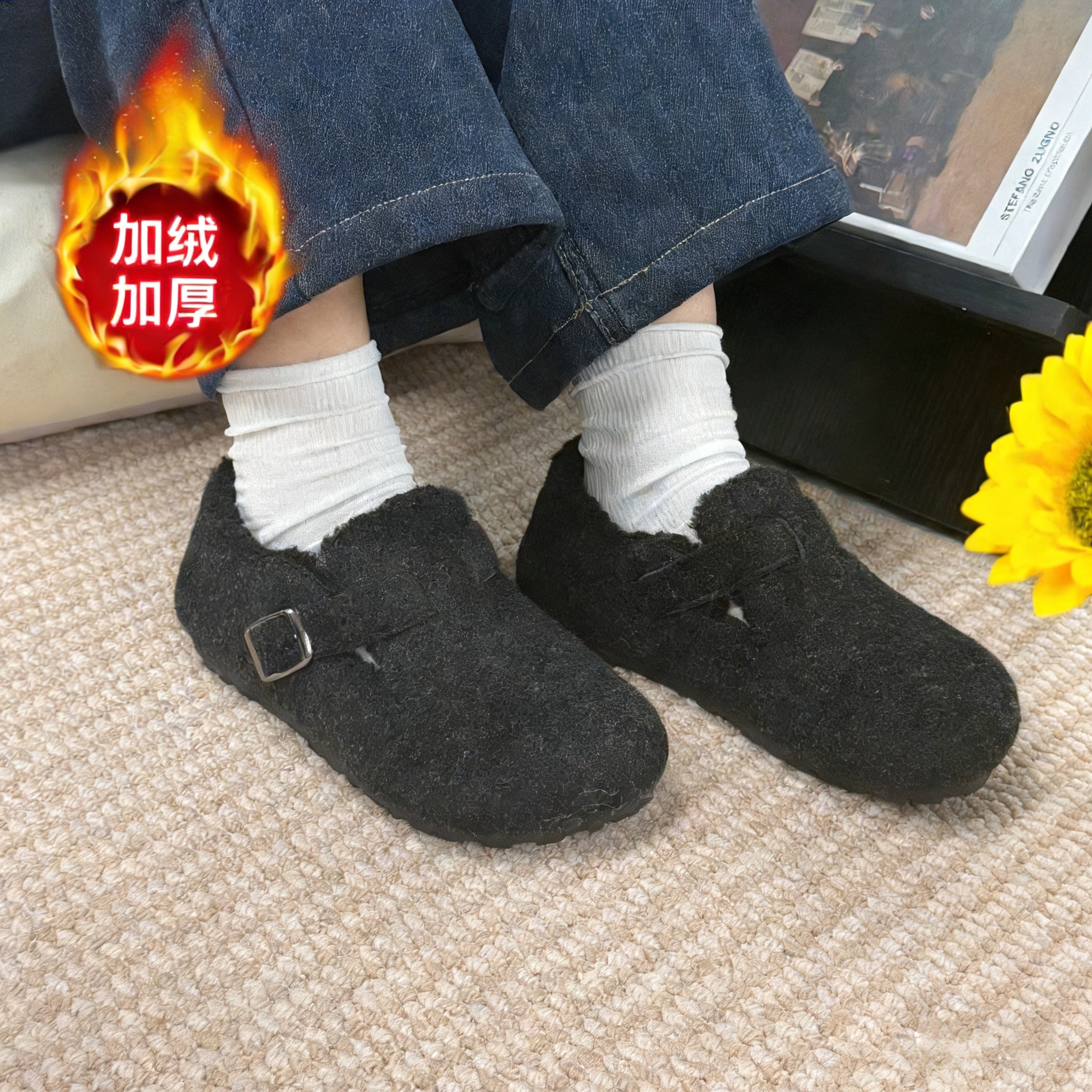 休闲风勃肯鞋女加绒冬季灰色复古港风外穿舒适软底防滑加厚一脚蹬,淘宝优惠券,粉丝福利购,淘宝优惠卷