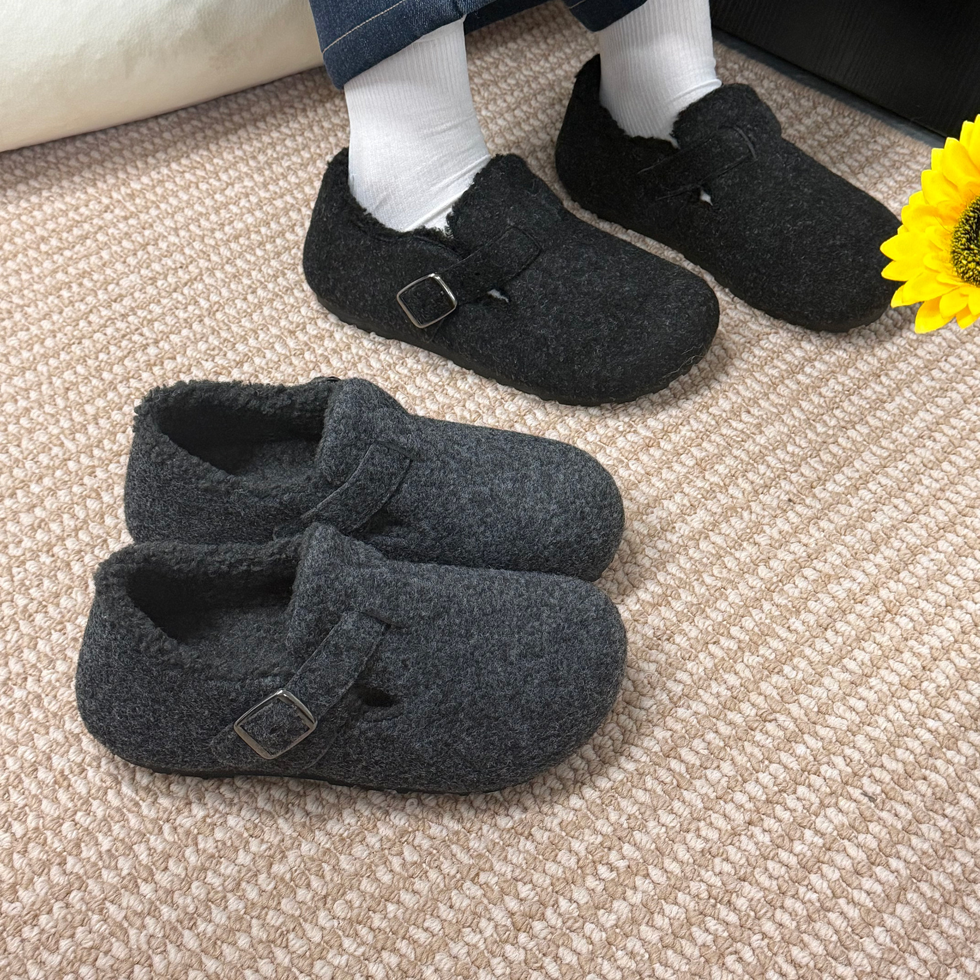 休闲风勃肯鞋女加绒冬季灰色复古港风外穿舒适软底防滑加厚一脚蹬,淘宝优惠券,粉丝福利购,淘宝优惠卷