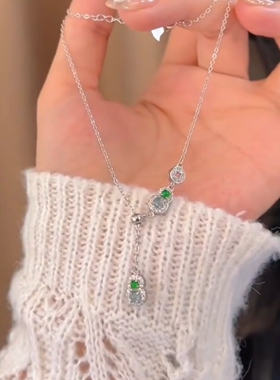 翡翠项链A货葫芦项链女纯银吊坠轻奢小众配饰毛衣链含鉴定证书