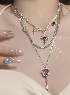 失眠艺术家暗黑十字架红宝石吊坠珍珠链条流苏y2k辣妹项链choker