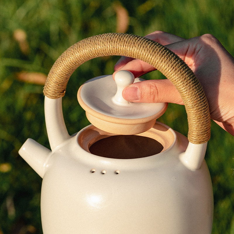 落笙白陶瓷围炉煮茶壶家用电陶炉明火烧水壶提梁壶泡茶日式苏打釉-图1