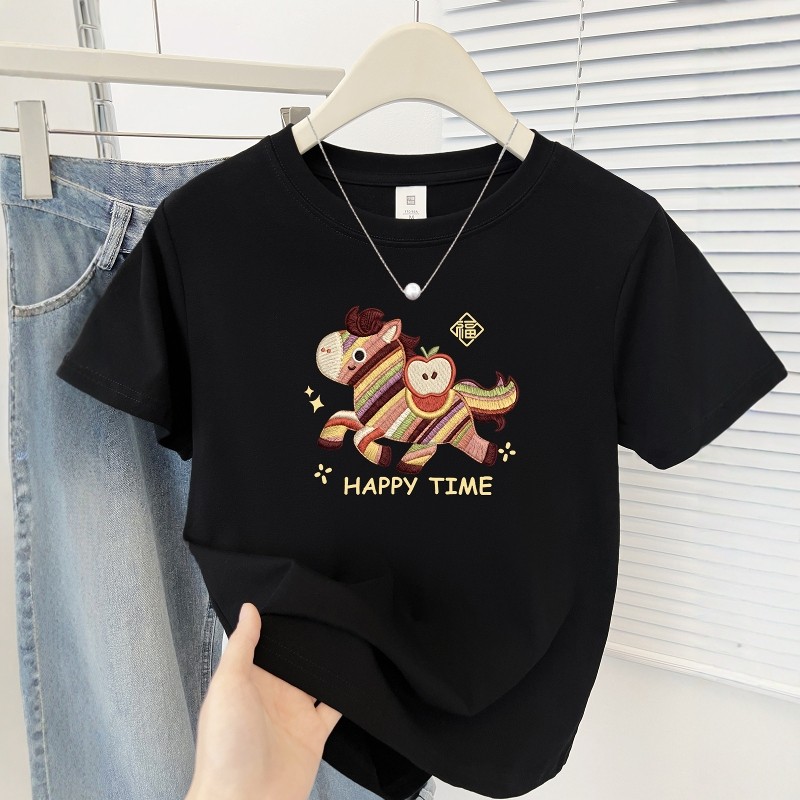 马年本命红福马印花短袖t恤女时尚洋气小个子显瘦圆领正肩上衣ins,淘宝优惠券,粉丝福利购,淘宝优惠卷