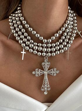 Salircon Exaggerated Inlaid Rhinestone Big Cross Pendant Nec