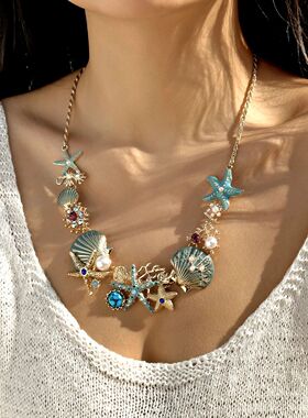 Exaggerated Metal Starfish Shell Pearl Necklace for Women Su