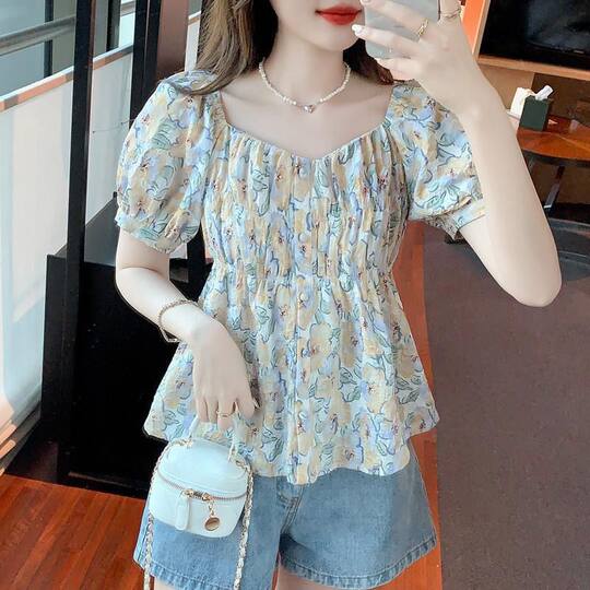 шифоновая женская летняя рубашка с короткими рукавами и цветочным принтом