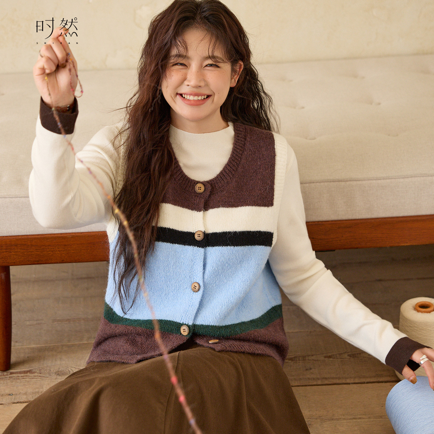 时然大码女装绵羊毛针织马甲秋冬新款撞色条纹毛衣开衫背心上衣,淘宝优惠券,粉丝福利购,淘宝优惠卷