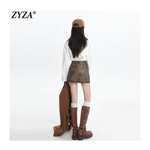 ZYZA美式超短裙复古辣妹PU皮半身裙女春夏新品A字裙皮裙包臀裙子 - 图3