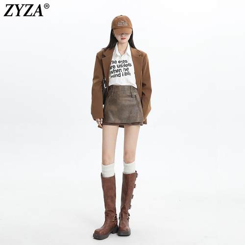 ZYZA美式超短裙复古辣妹PU皮半身裙女春夏新品A字裙皮裙包臀裙子 - 图1