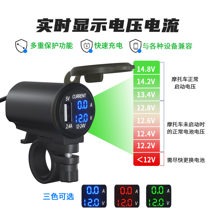 摩托车改装usb车载充电器 4.2A快充双口加装接口手机车充带电压表-图1