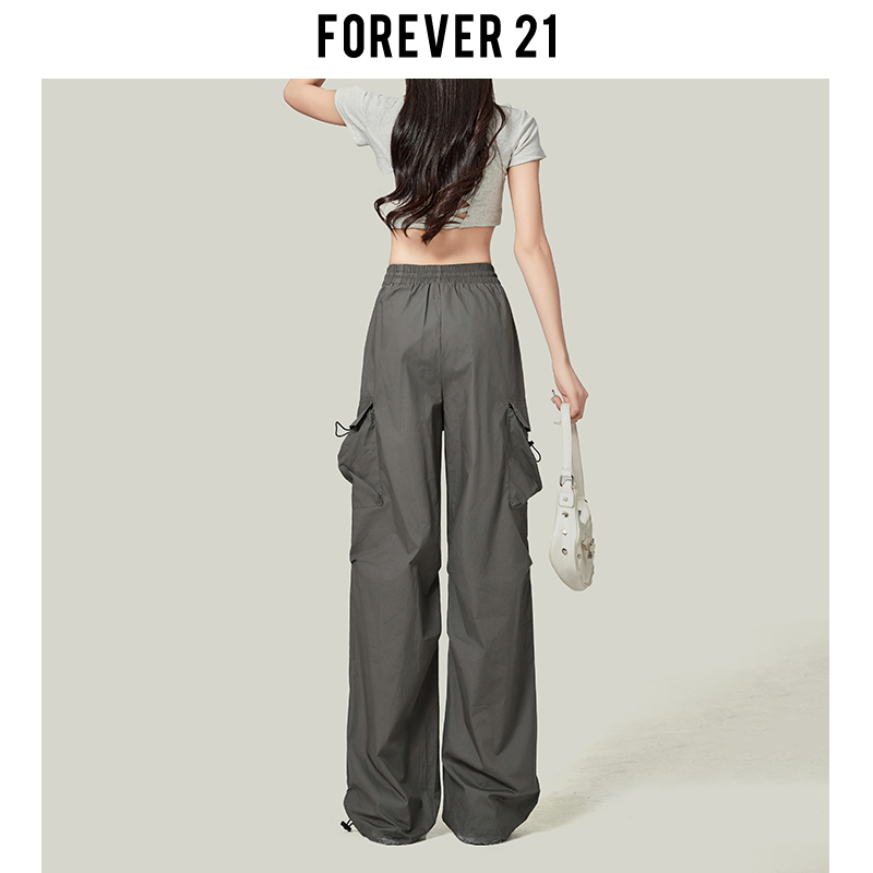 Forever 21美式灰色阔腿工装休闲裤女速干束脚登山裤高腰拖地裤子