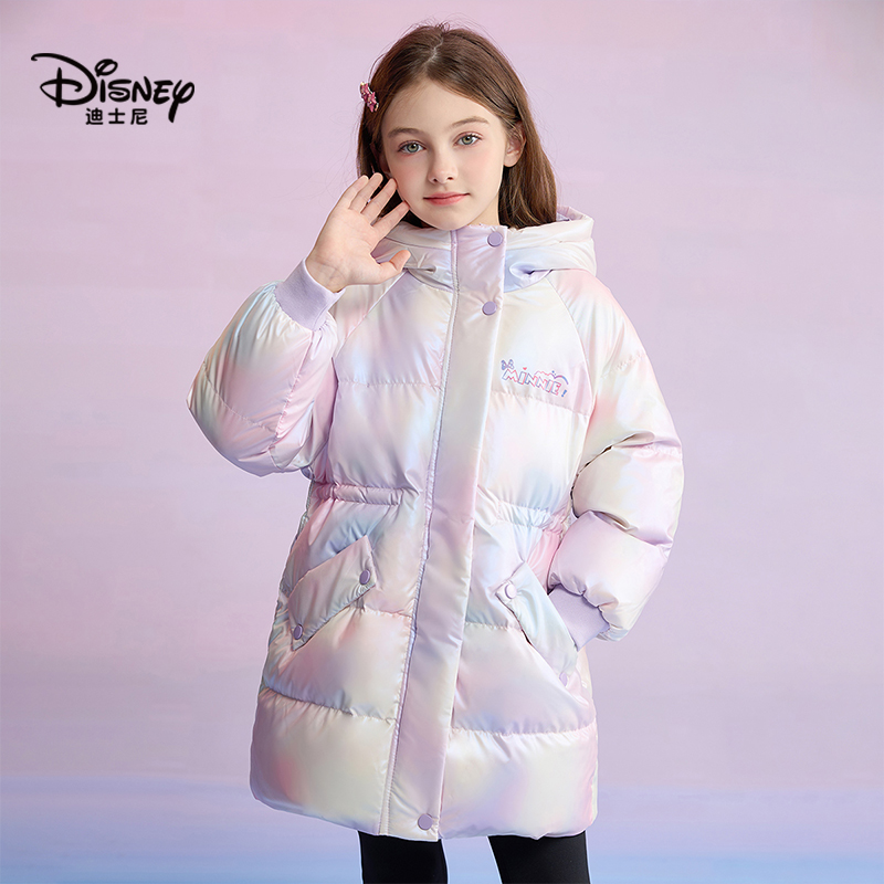 disney迪士尼女童羽绒服冬季加厚连帽炫彩外套中长款洋气保暖上衣