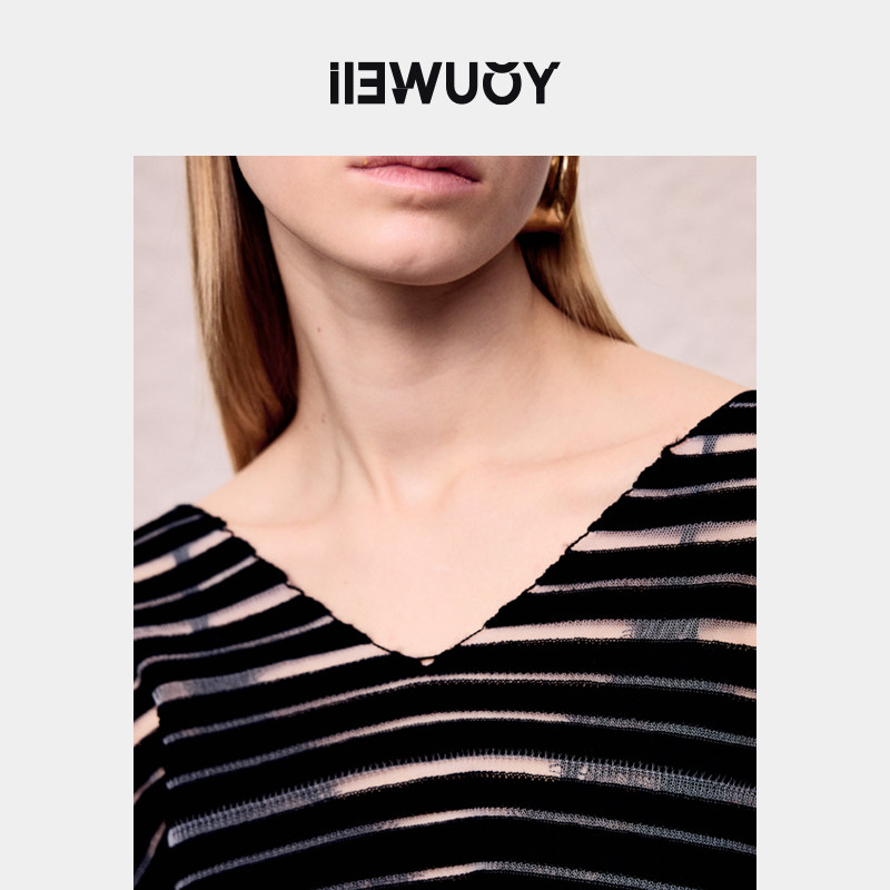 YOUWEI有尾2024秋季条纹透感V领套头衫女针织衫Y2024307,淘宝优惠券,粉丝福利购,淘宝优惠卷