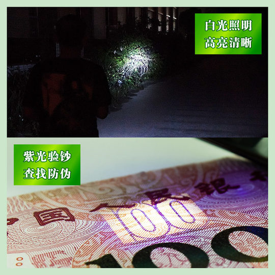 充电手电筒LED紫光验钞照明手电筒家用便携式户外夜行照明小手电