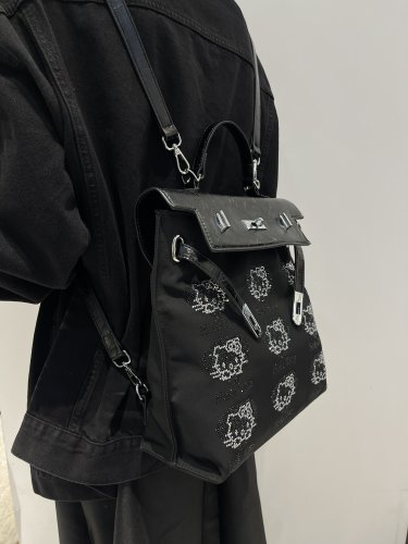 烫钻hello kitty凯莉双肩包可斜挎牛津布双肩包女黑色背包女拼接 - 图2
