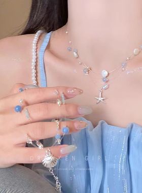 海边度假风海星珍珠项链时尚贝壳珍珠项链日韩风个性锁骨链高级感