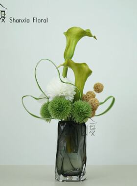 高级简约玻璃花瓶摆件样板间售楼处酒店大堂桌面装饰品仿真花艺