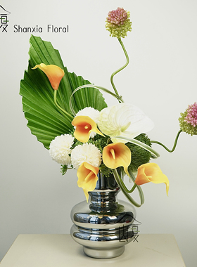 家居仿真鲜花银色电镀花瓶客厅洽谈桌插花艺术假花装饰品