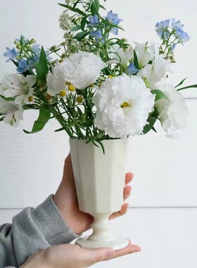 高脚杯插花花瓶乳白色陶瓷花器复