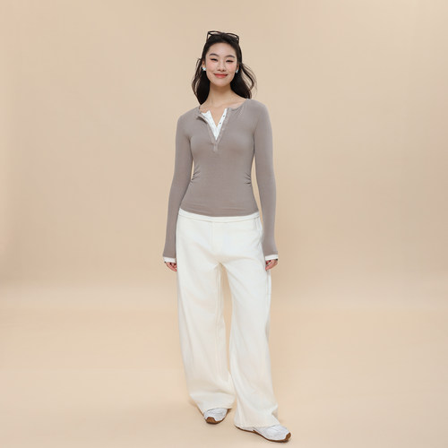 ROSEPLUS假两件拼接长袖T恤女2025春秋新款大码胖mm遮肚打底上衣 - 图0