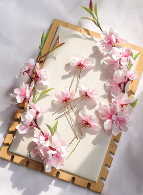 桃花花神发饰古风头饰汉服粉色花朵发钗点缀U钗古装掩鬓绢花配饰